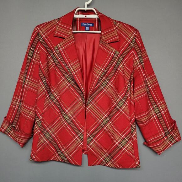 Evan- Picone Woman Plaid Light Tweed Jacket Womens 22W Red Open Front 3/4 Sleeve - Picture 1 of 14
